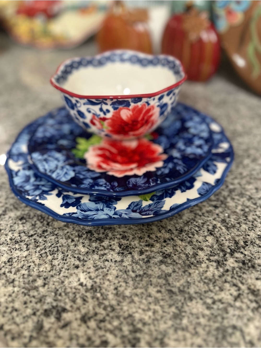The Pioneer Woman Blue Floral Dessert Bowl and Plate Set with Red Rose